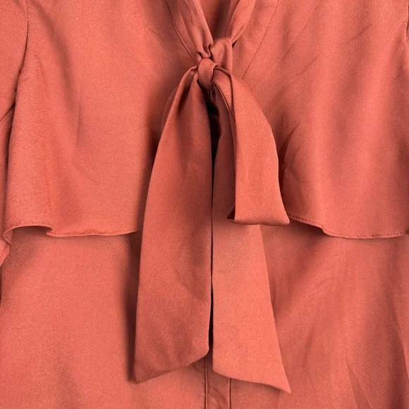 M M Couture Miss Me Rust Blouse w/Ruffle Chest & Smocked Sleeves & Bow Tie Sz M - Picture 5 of 14